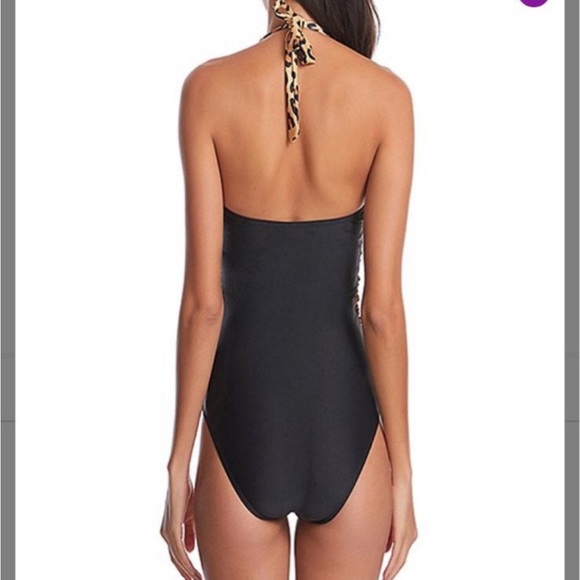 Large Cheetah Print/Black Shein* Swimsuit 1 Piece Waist Accent Women’s HalterTie - Picture 2 of 10
